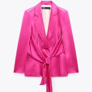 Zara Tied Satin Effect Tie Waist Blazer Jacket Blogger Favorite Fuchsia M